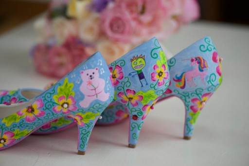 Bridesmaid's shoes hand painted in blue with flowers and pearls