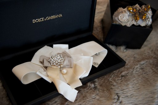Photo of ivory silk waistband for wedding dress by Dolce + Gabanna with pearls and diamonds