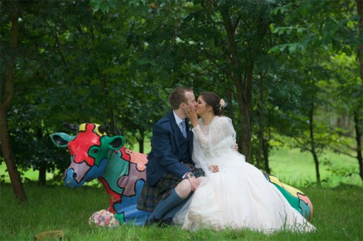 Photo of bride and groom sitting on a painted cow
