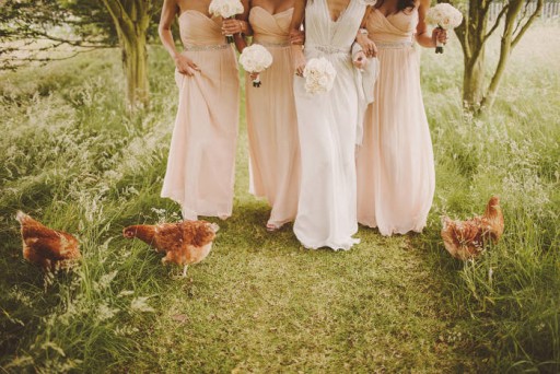 Photo of bride and bridesmaids with chickens around their feet